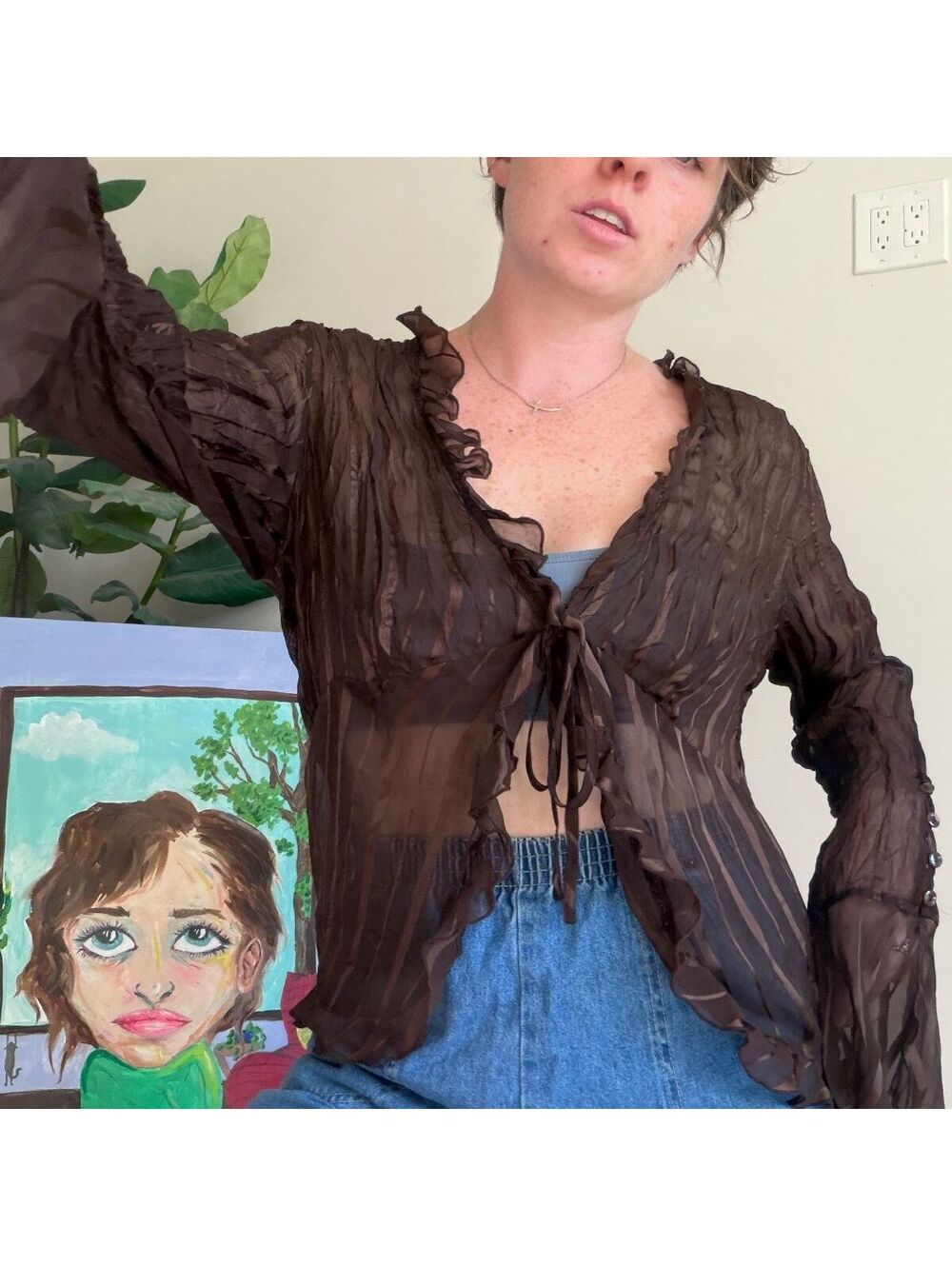 Vintage 90s sheer blouse sheer brown tie-front blouse